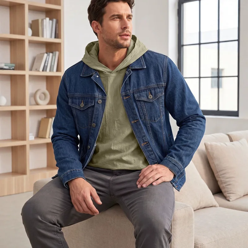 Button Down with Flap Pockets Collared Trucker Men Casual Daily Wear Outdoor