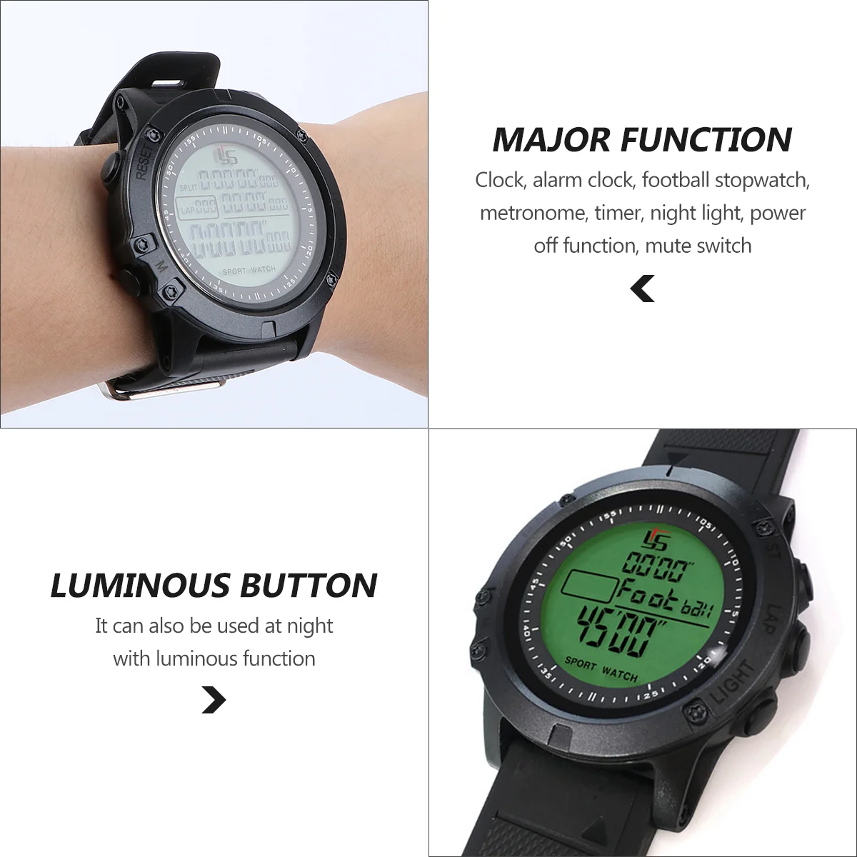 Relojes multifunción para árbitro de fútbol, cronógrafo de cuenta atrás, negro