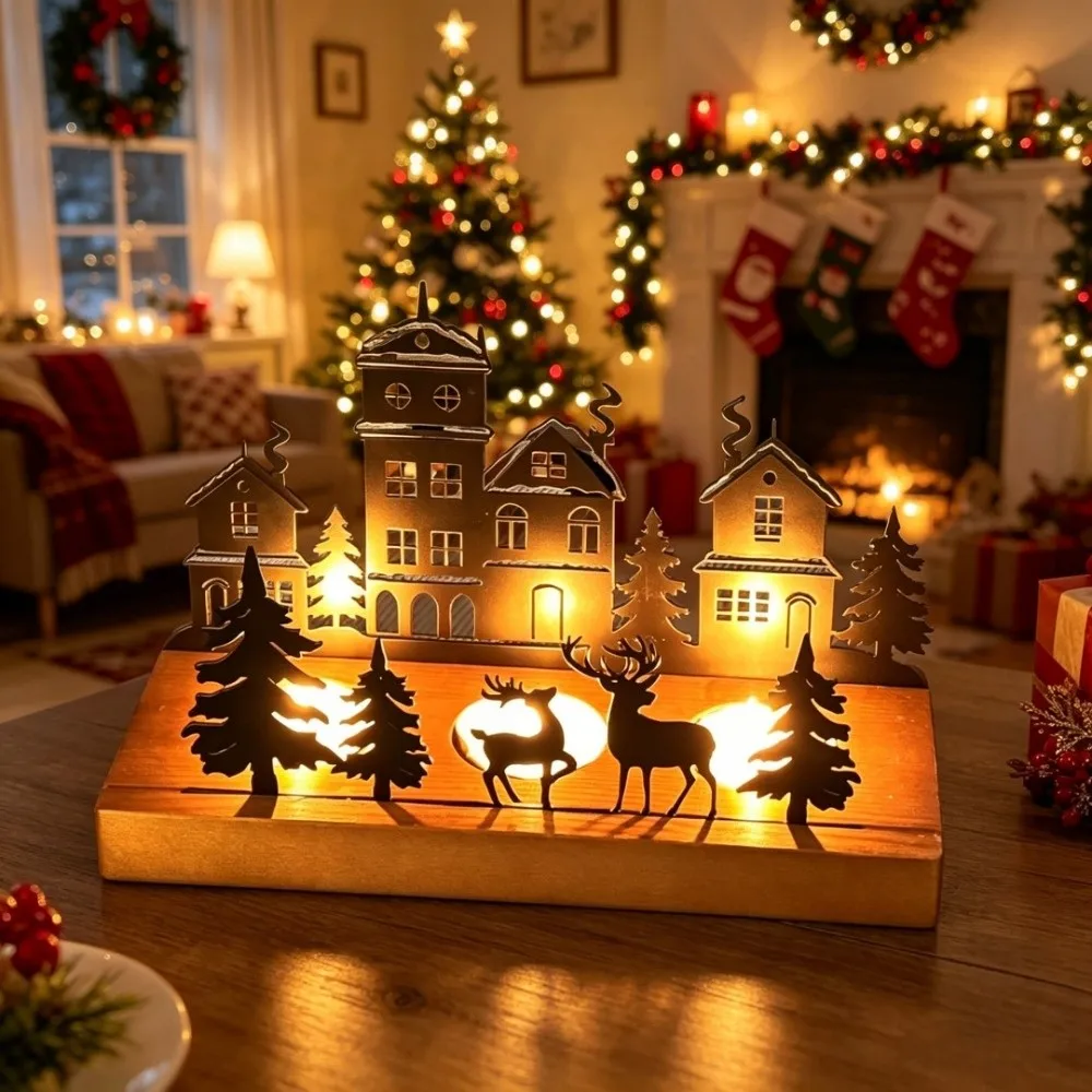 Vintage Christmas Desktop Candle Holder Decorative Detachable Holiday Table Ornament Deer House Christmas Tree Decoration