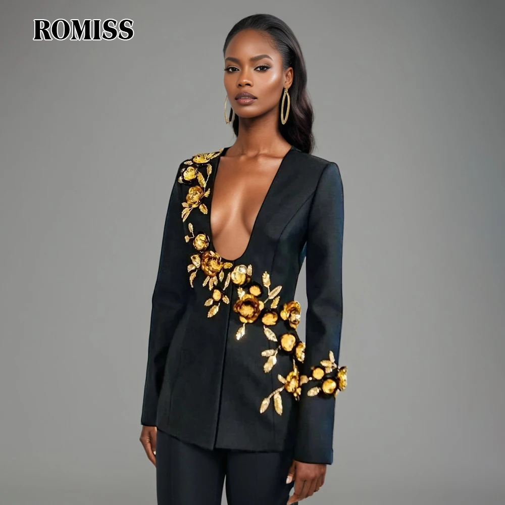 

ROMISS Solid Spliced Appliques Slimming Jackets For Women Deep V Neck Long Sleeve Tunic Temperament Coat Female Fashion