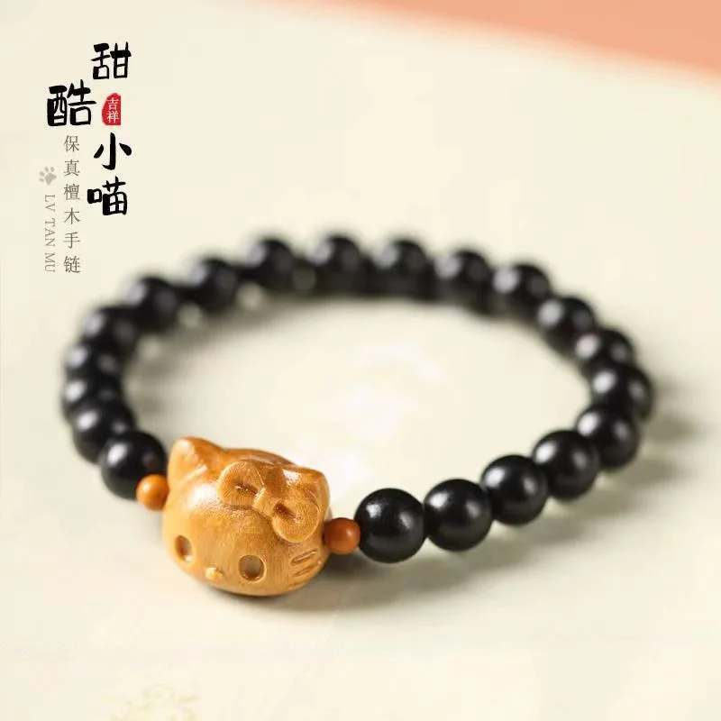 Original Hello Kittys Wood Bracelet Cute Sanrio Handmade Compilation Sandalwood Prayer Beads Couple Bracelet Toys for Girl Gifts