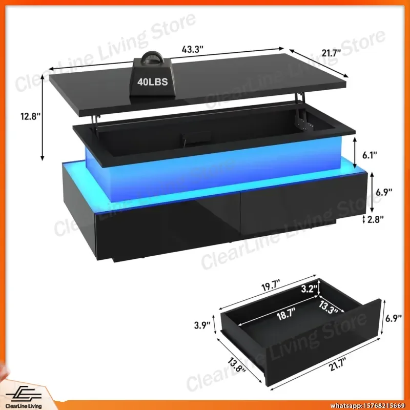 Large LED Coffee Table with 2 Storage Drawers 60000 Color RGB Lights App Control Touch Sensor High Gloss Modern Black Lift
