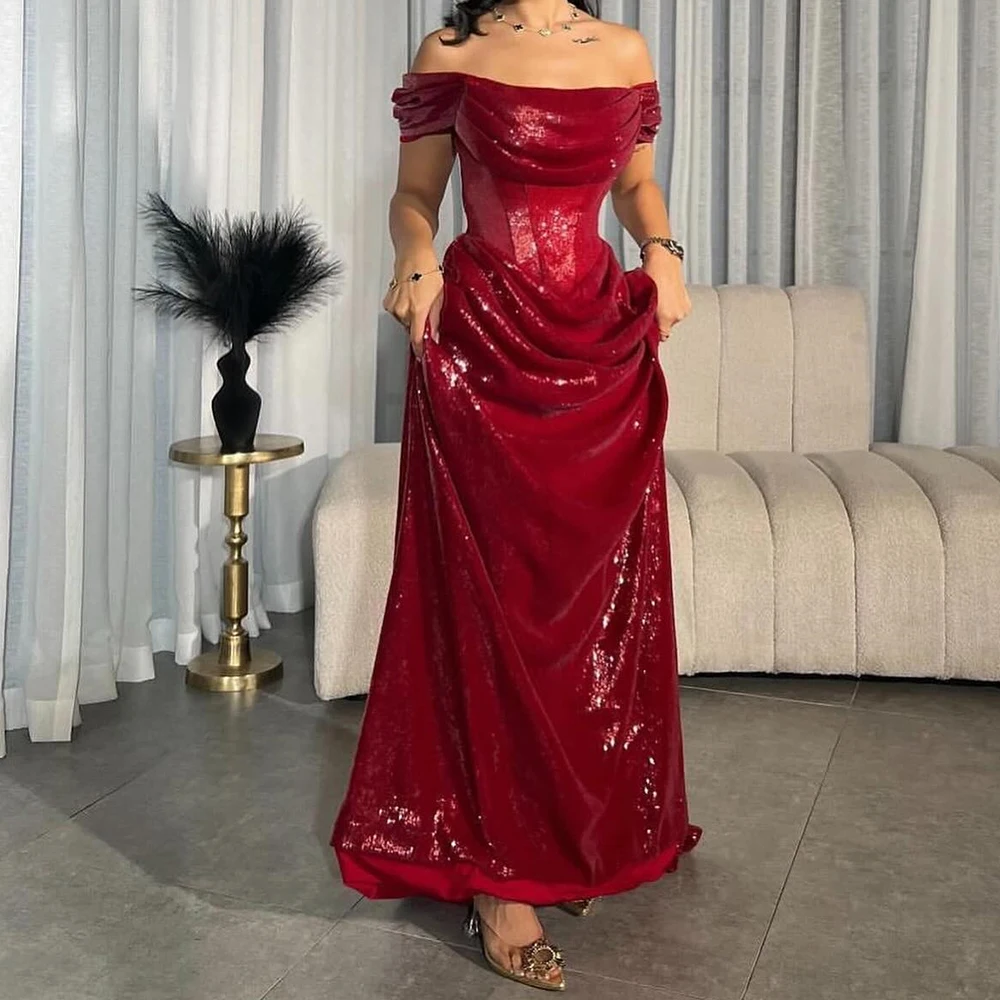 Customized Elegant Satin A-Line Off the Shoulder Evening Dress Strapless Lace Up Back Short Sleeves Panel Train Floor Length