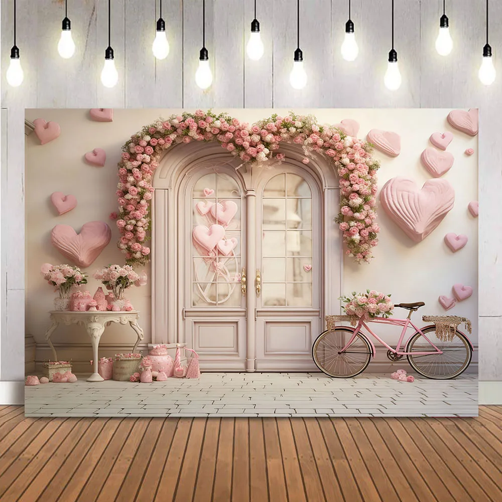 Pink Heart Valentine's Day Photography Background Retro White Door Photo Backdrop Studio Kids Portrait Photoshoot Props