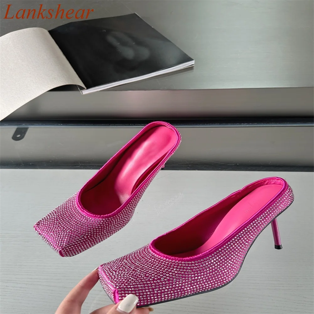 

Square Toe Rhinestones Women Slippers Blingbling Stiletto Heels Niche design Fashion Sexy Party Women Shoes 2024 New Arrivals