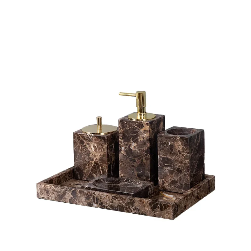 Emperador Dark Natural Marble Bathroom Set Brown Luxury Toothbrush Holder Soap Dish Soap Dispenser Bathroom Accessories - view 6