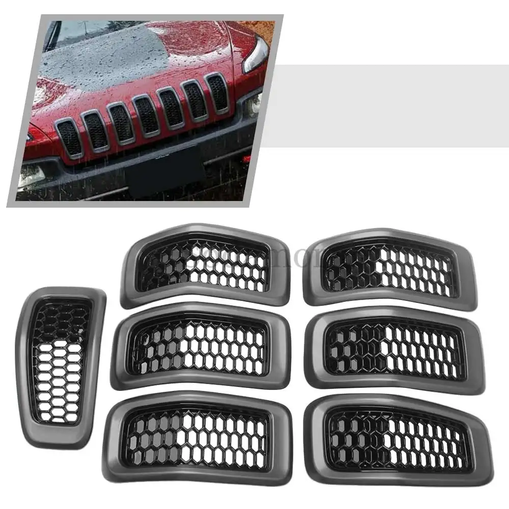 

For Jeep Cherokee 2014-2018 7 PCS Car Accessories Front Center Mesh Grille Black Radiator Grille Cover Frame ABS Trim 68317863AA