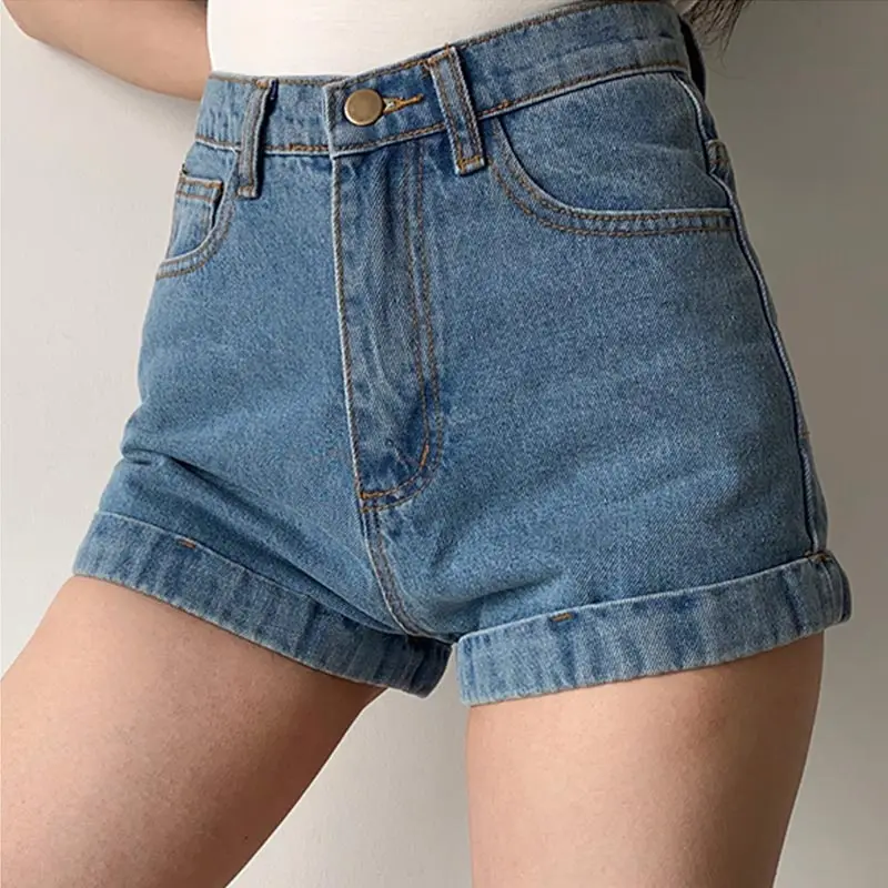 High Waist Crimping Denim Shorts for Women Summer Blue Retro Curled Wide Leg Hot Pants Casual Jeans Slim Fit Y2K Clothing