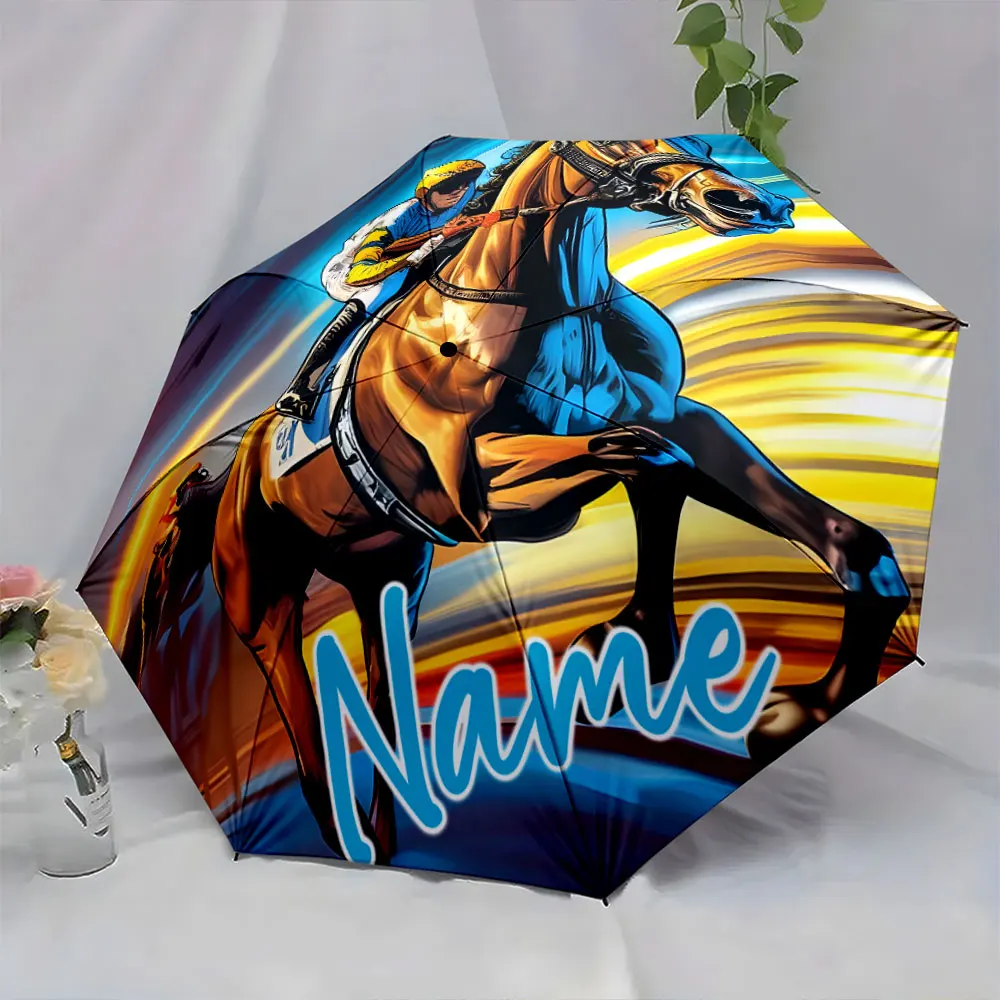 Custom Name Horse Racing Themed Umbrella Design Print 8 Iron Ribs Folding Umbrella, Auto-Open Fashion Sunshade