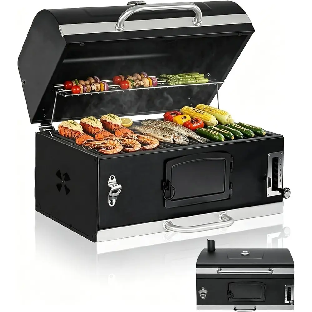 

Premium Outdoor Charcoal Grill with Insulated Hood, Temperature Gauge, and Litable Tray for Camping and Park Cooking