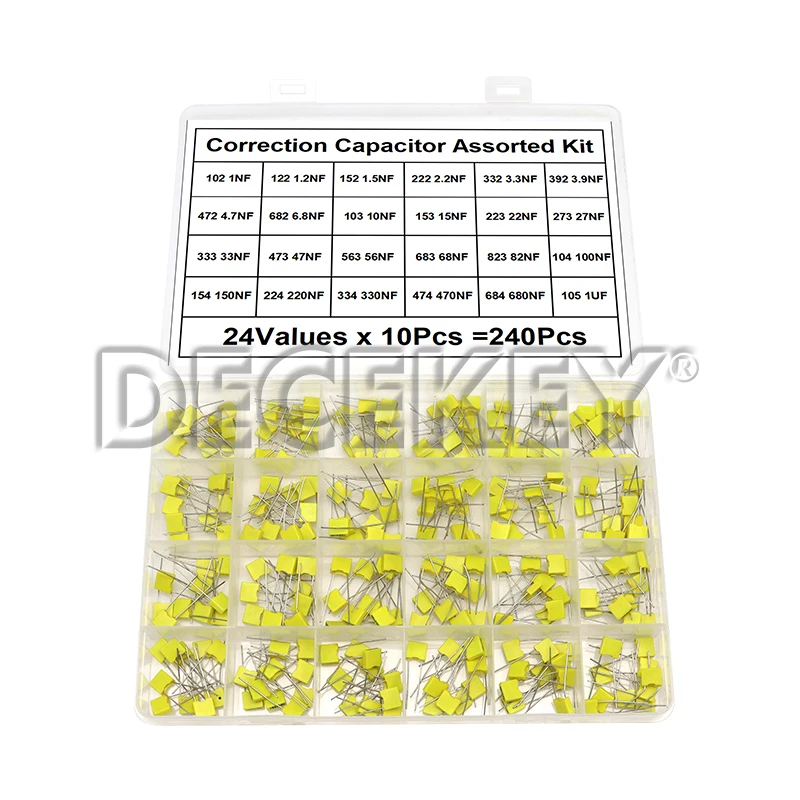 

240 шт. комплект корректирующих конденсаторов 100 В 24 значения x 10 шт. 102J-105J набор полипропиленовых безопасных пластиковых пленочных конденсаторов