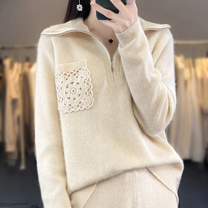 Knitted Cashmere Bottoming Sweater for Women, Crochet Lapel Wool Sweater, Half Zipper, Heavy Industry, Autumn and Winter, New, F