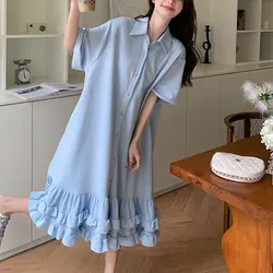 Summer Casual Spliced Mermaid Dresses Commute Polo-Neck Women's Clothing Loose Short Sleeve Basic Korean Solid Color Midi Dress