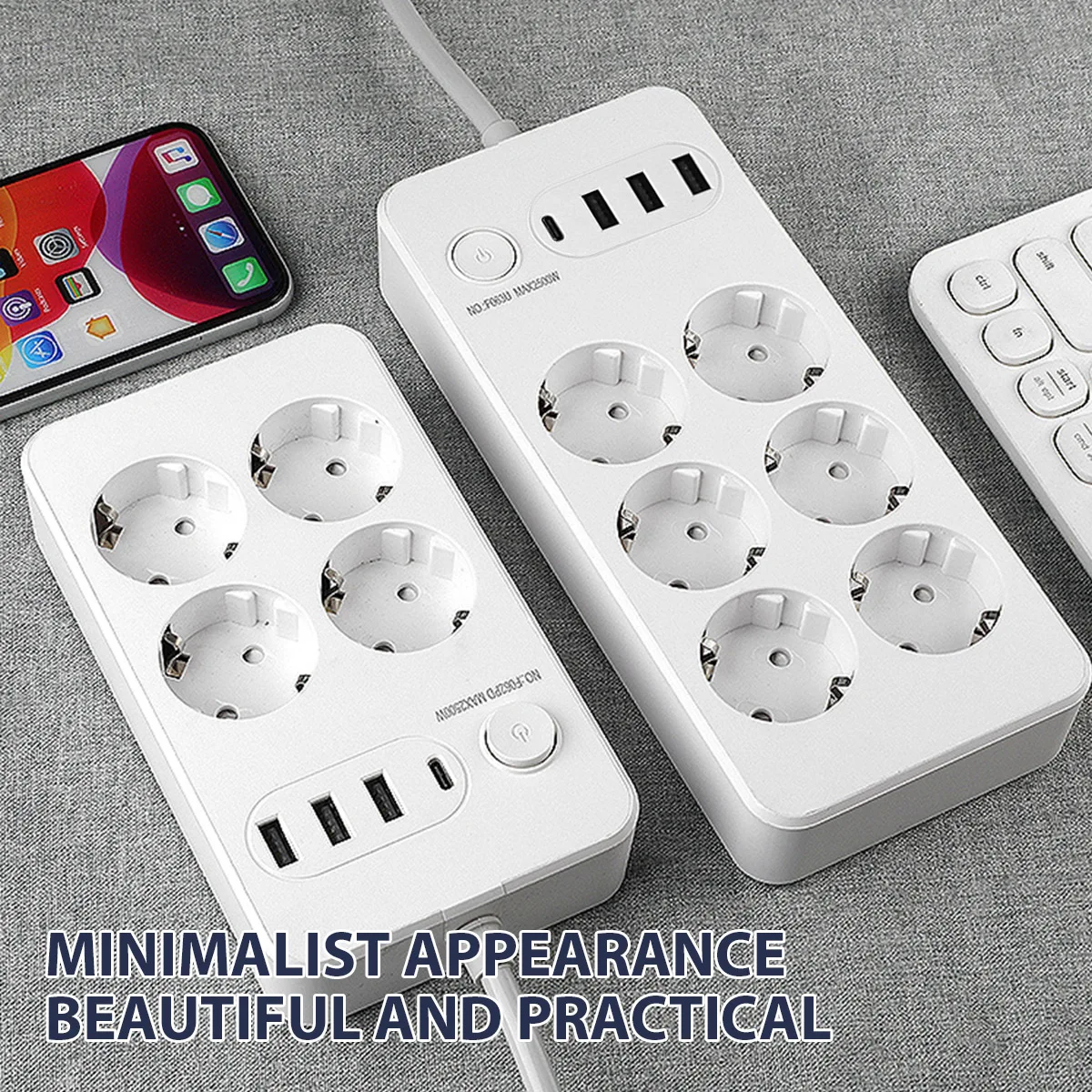 10IN1 EU Plug Power Strip With 6AC 3AC Outlets 3 USB 1 Type-C Ports 1.8-4.8m Cord Extension Outlet Chargin Electrical Socket