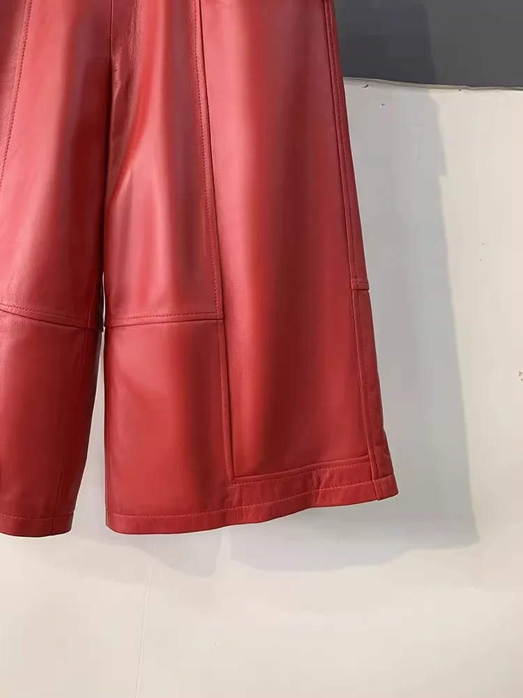 Women Genuine Leather Pants High Waist Loose Fit Mid Calf Trousers Solid Color Spring Autumn Harajuku Sheepskin Wide Leg Pants