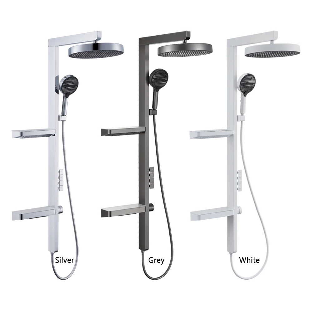 

Modern High-end Smart LED Display Rain Bathroom Shower System with Shelf Temperature Concrete Mixer Rainfall Digital Shower Set