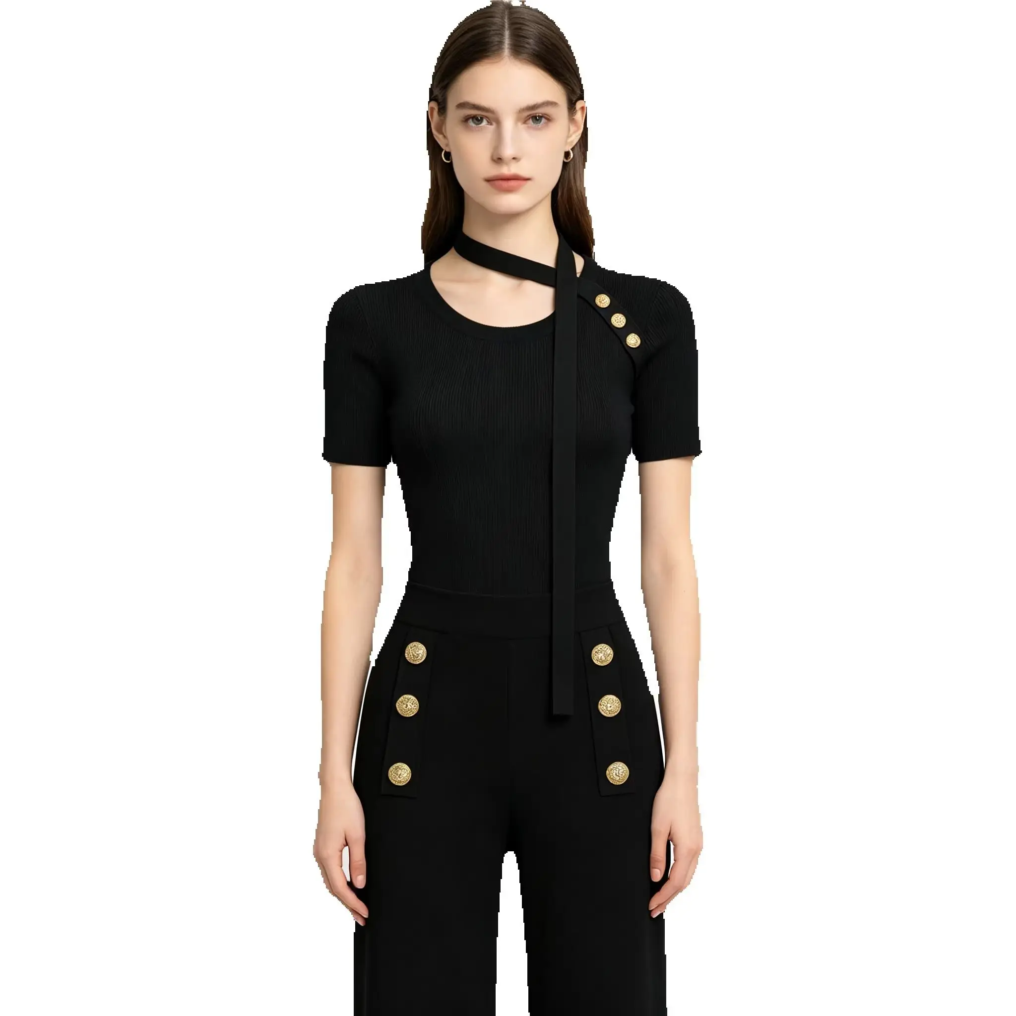 26138 Daily Commute Ladies Matching Suit Knitted Short Sleeve Top Ribbon Decoration Casual Pants Summer Outfits