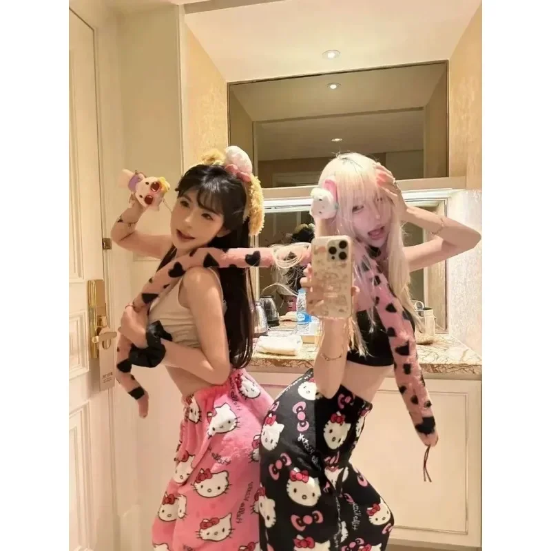 Cute Kitty Heart Bow Print Flannel Sleep Trousers Soft Warm Wide Leg Loungewear for Women Holiday Birthday Gift Two Color Option