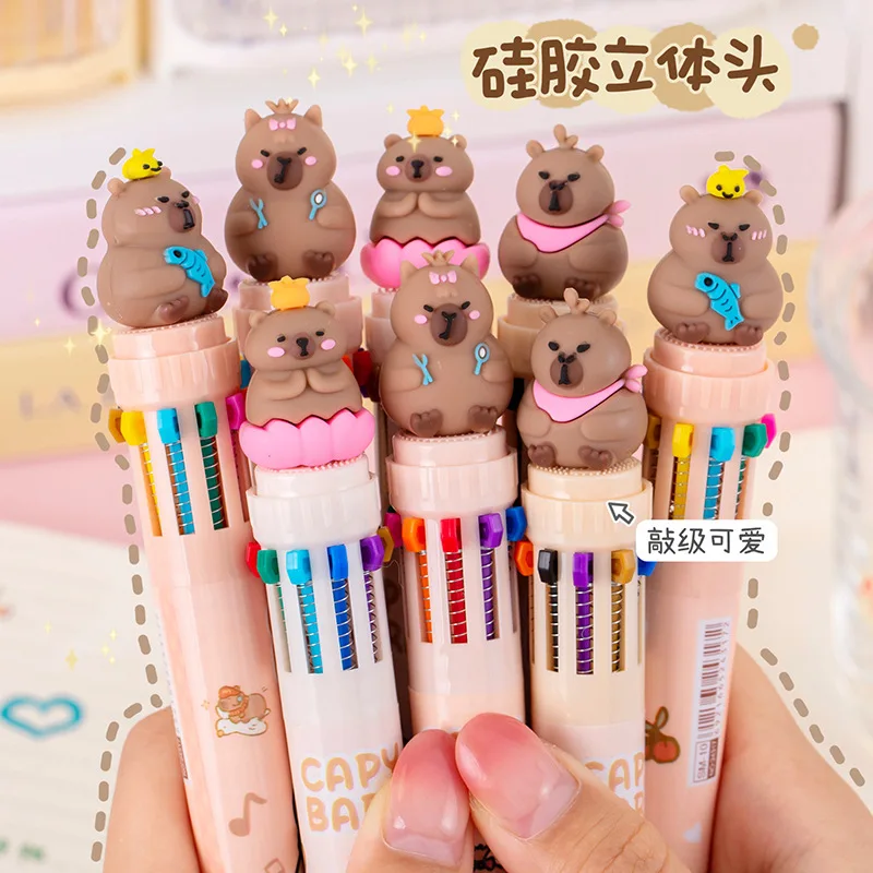 Kawaii Capybara Multicolor Pen 0.5mm Colorful Ink Pen Cartoon Creative Gel Capybara Pen Ten-Color Brown Colorful 10-Color