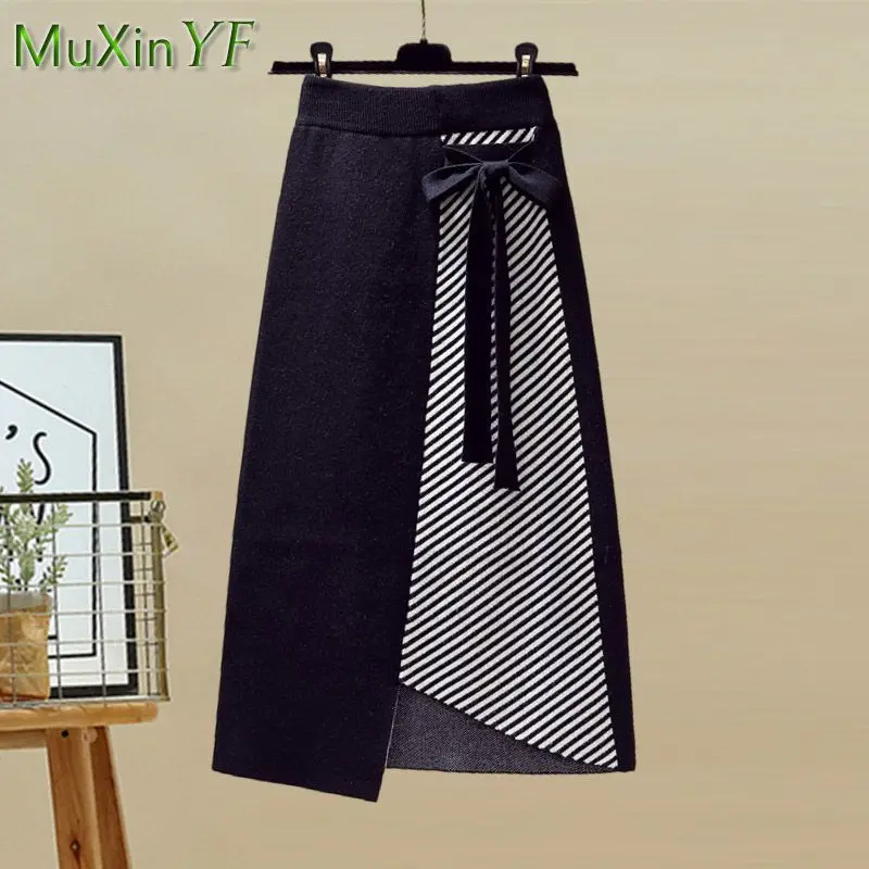 Autumn Winter Set Women 2024 New Korean Fashion Elegant Slim Irregular Stripe Sweater Midi Skirt Two Piece Suit Female Clothing