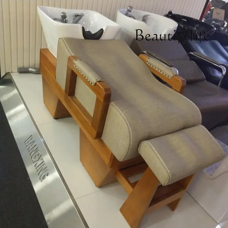 Shampoo bed Ceramic basin flush bed High-end solid wood semi-lying shampoo bed for barber shops