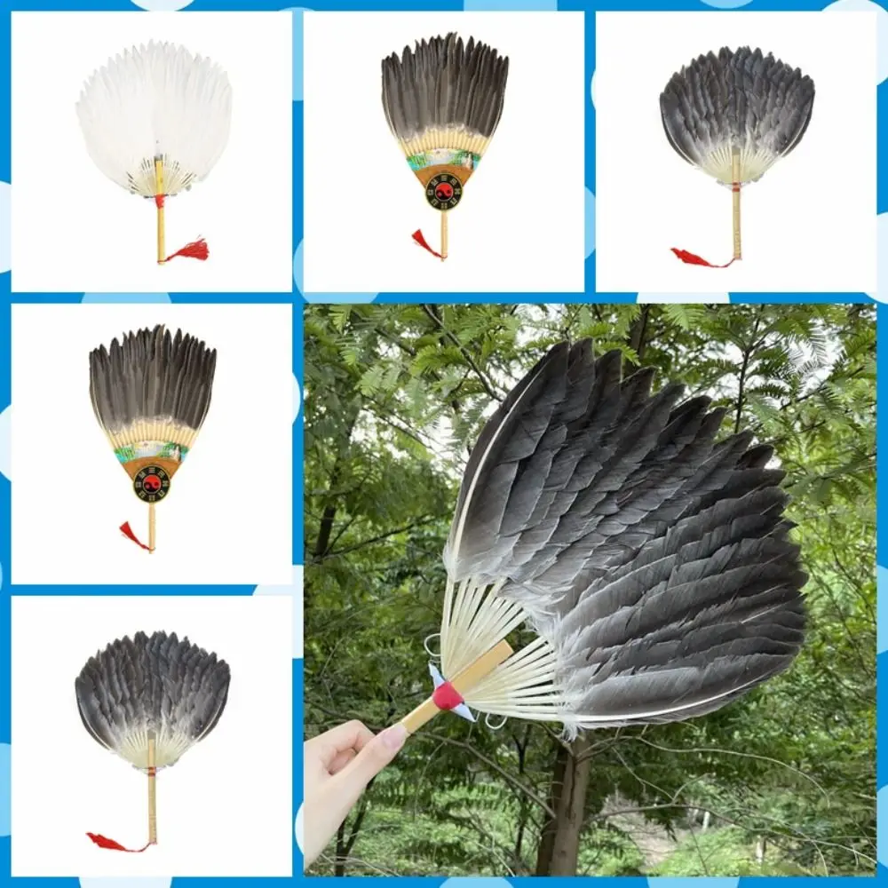 Zhuge Liang Fan Chinese Style Goose Feather Fan Large Size Vintage Hand Fan Handhold Long Handle Tea Fan Photography Props