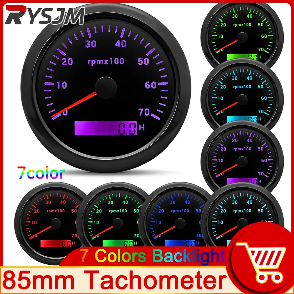 

HD 7K 7000 RPM 85MM Tachometer for Boat Motor with 7 Color Backlight LED Auto Car Tacho REV Counter Digital Hourmeter 12V 24V