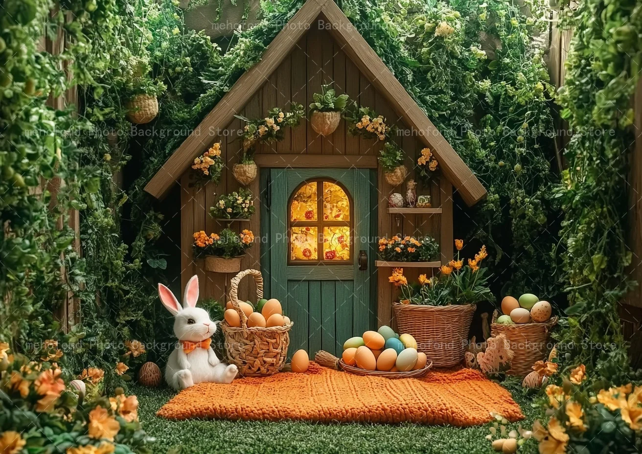 เมโฮฟอนด์การถ่ายภาพพื้นหลังฤดูใบไม้ผลิอีสเตอร์บ้านไม้กระต่ายน้อยสีขาวไข่หลากสีสันเด็กภาพครอบครัวฉากหลังตกแต่ง