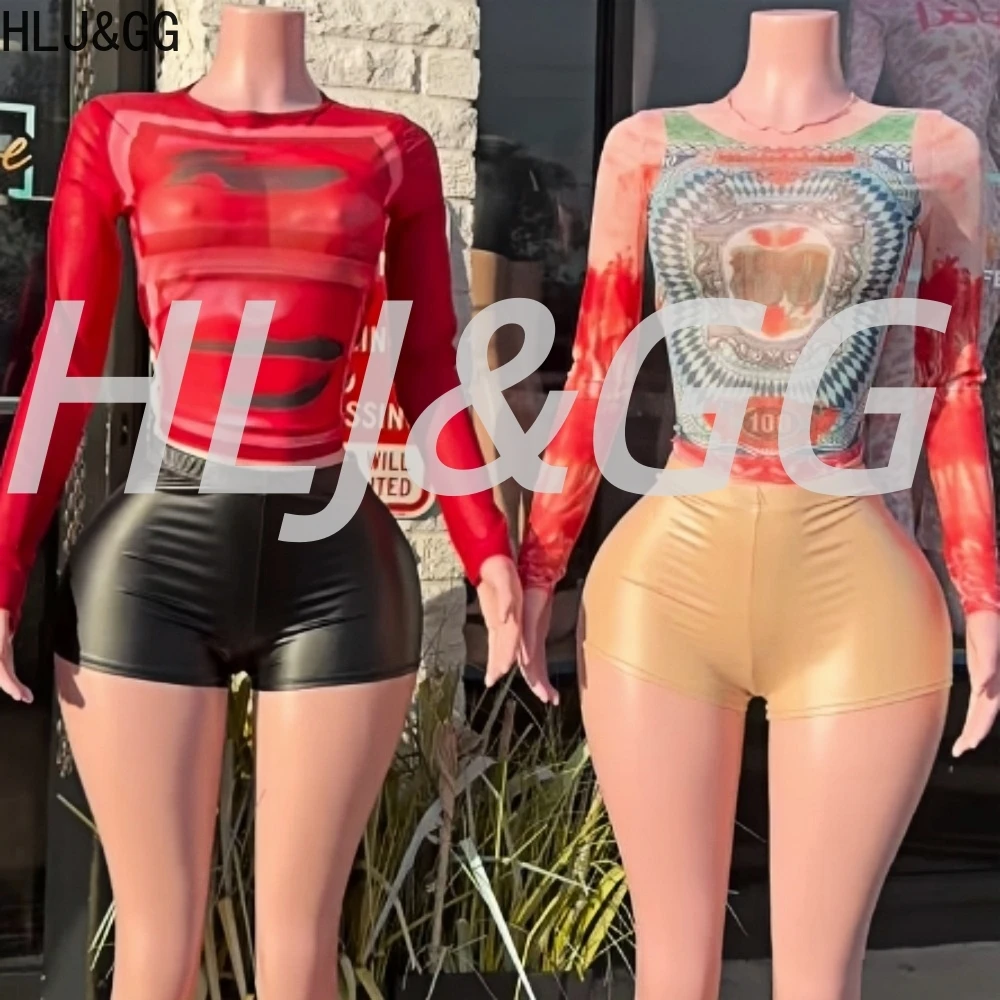 

HLJ&GG Retro Hot Girl Fashion Print Mesh Two Piece Sets Women O Neck Long Sleeve Crop Top+Leather Shorts Outfits Y2K Streetwear