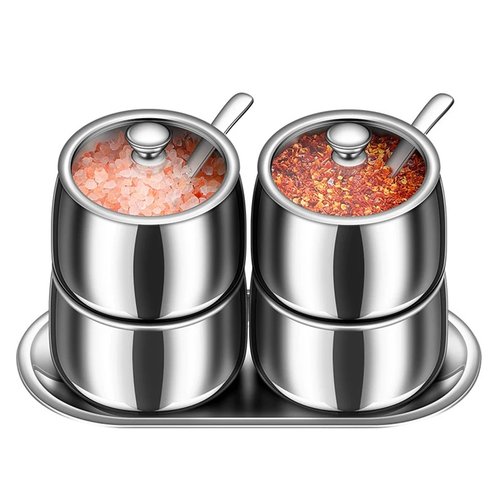 

Transparent Lid Seasoning Containers in Stainless Steel Complete Set of 4 with Spoons for Organized Culinary Storage