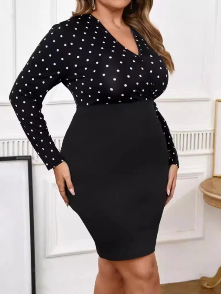 Plus Size Autumn Dress Women Polka Dot Print Patchwork Fashion Slim Sexy V-Neck Ladies Dresses Bodycon Long Sleeve Woman Dress