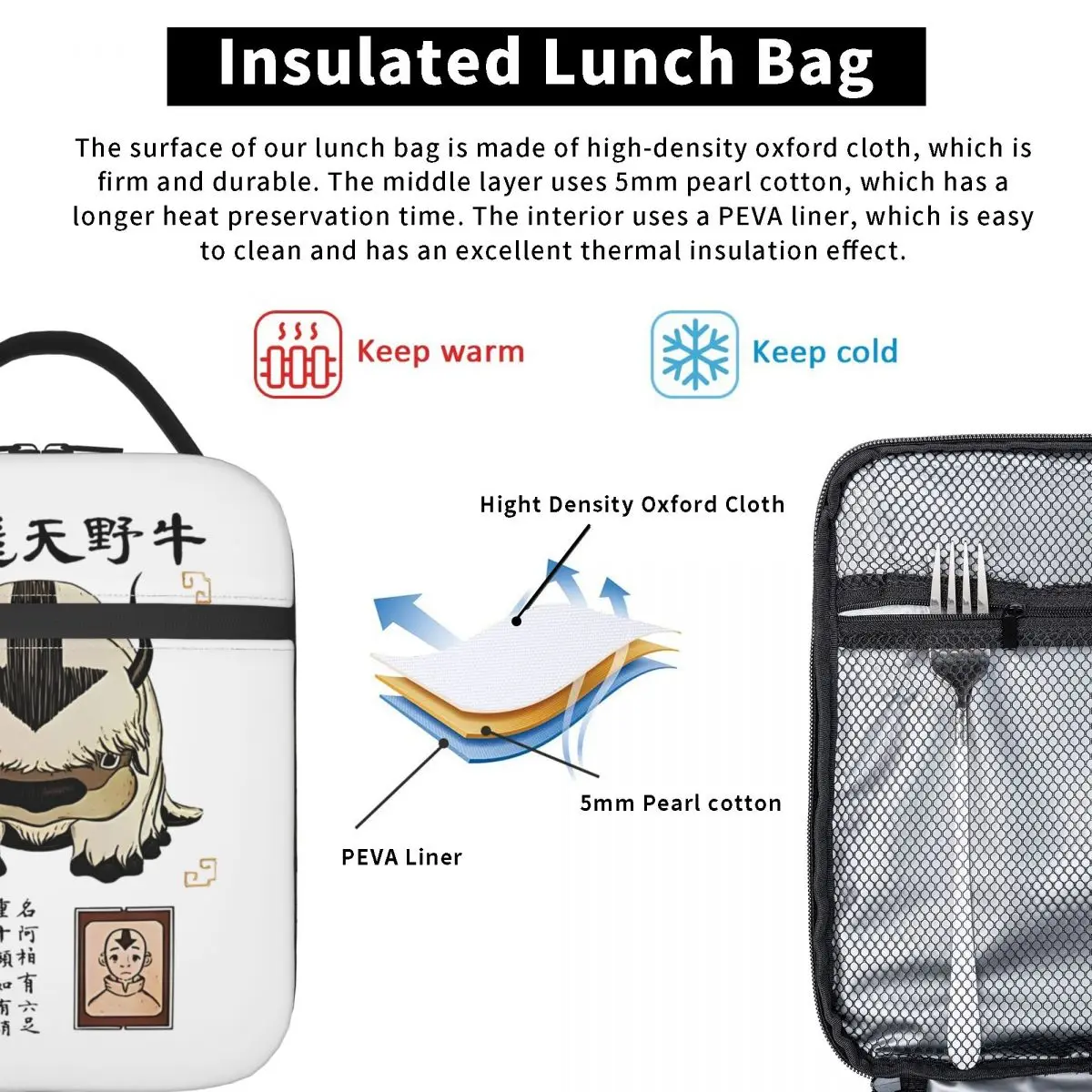 Appa Avatar The Last Airbender Isolados Térmicos Lunch Bags para Trabalho, Recipiente De Alimento Portátil, Caixa Térmica Do Refrigerador