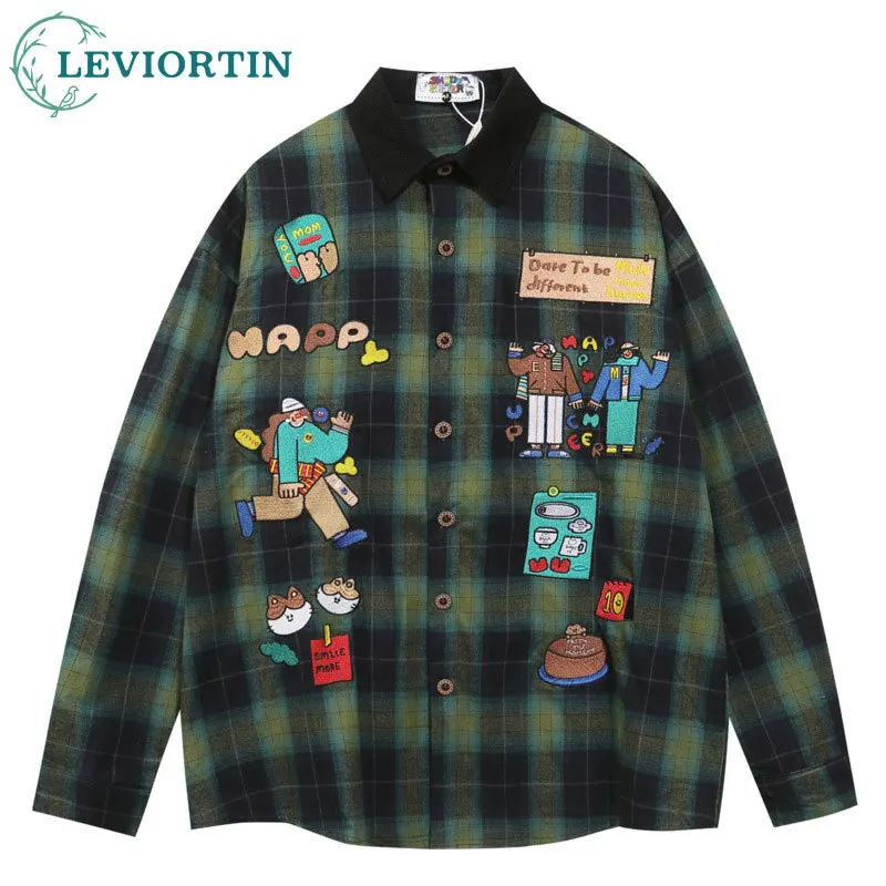 Autumn American retro cartoon embroidered checkered color blocked shirt men's and women's long sleeved loose casual top jacket