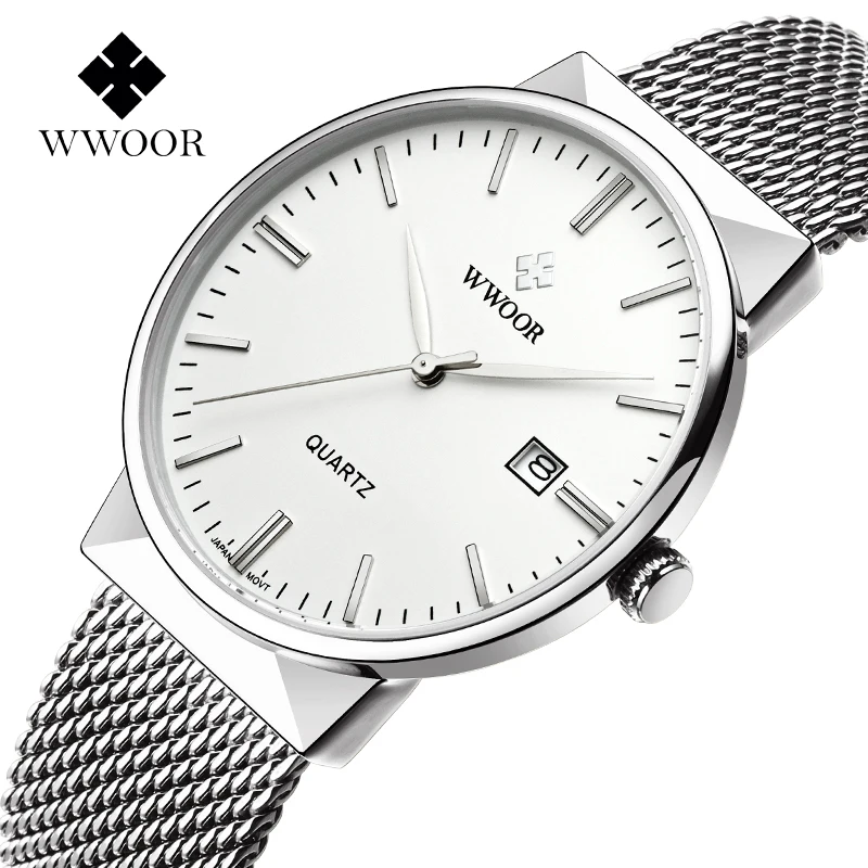 WWOOR Mens Watches 2023 Luxury Brand Quartz Casual Dress Watches For Men Stainless Steel Mesh belt Waterproof Calendar Watch Men