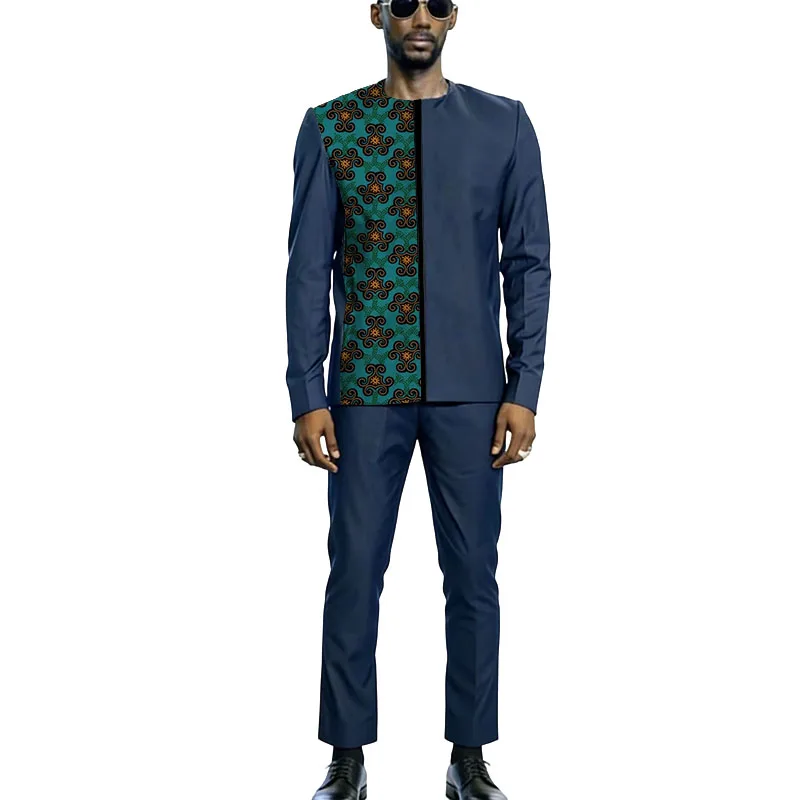 Navy Blue Men's Long Sleeve Shirt With Pant Nigerian Fashion Patchwork Top Set Male African Couture For Wedding/Party