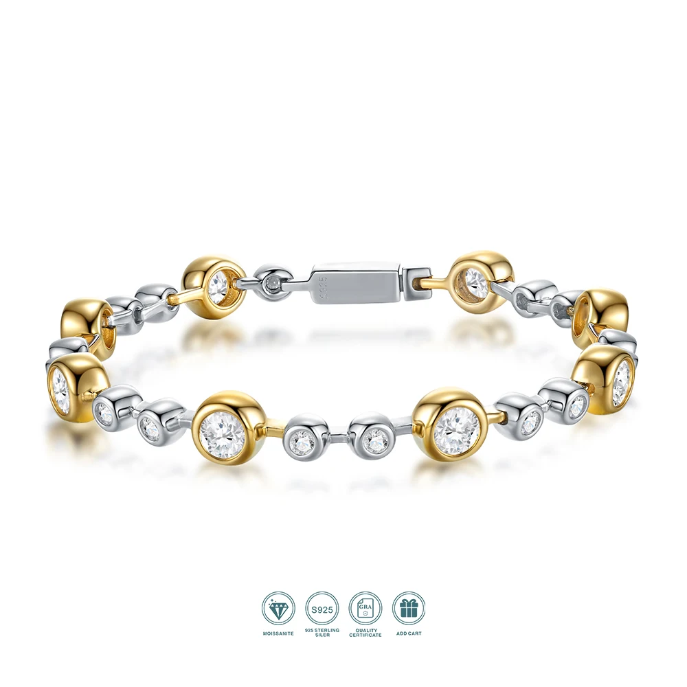 

1pc Moissanite Bracelet 925 Sterling Silver and 18K Gold Plated Two Tone Round Cut Tennis Chain Elegant Jewelry Gift