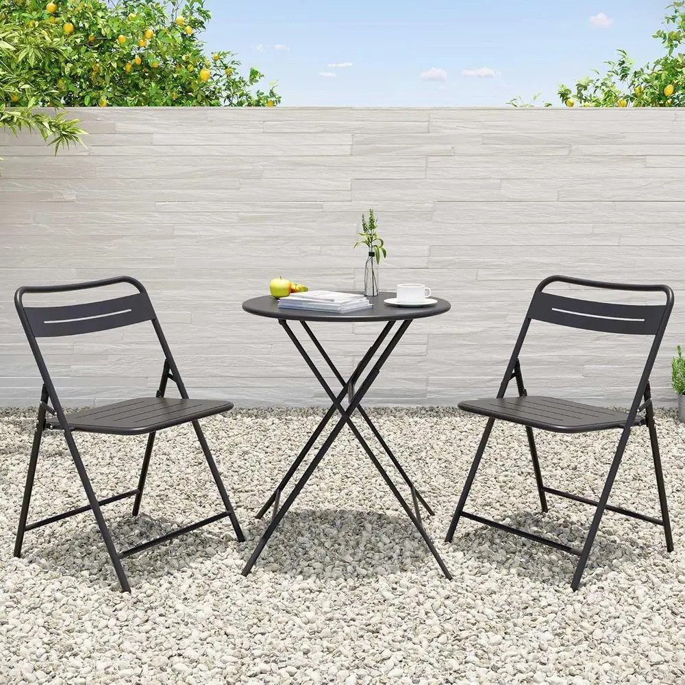 Weather-Resistant 3-Piece Steel Bistro Set: Patio Table with 2 Chairs for Outdoor & Indoor Use (Round, Black) view 6