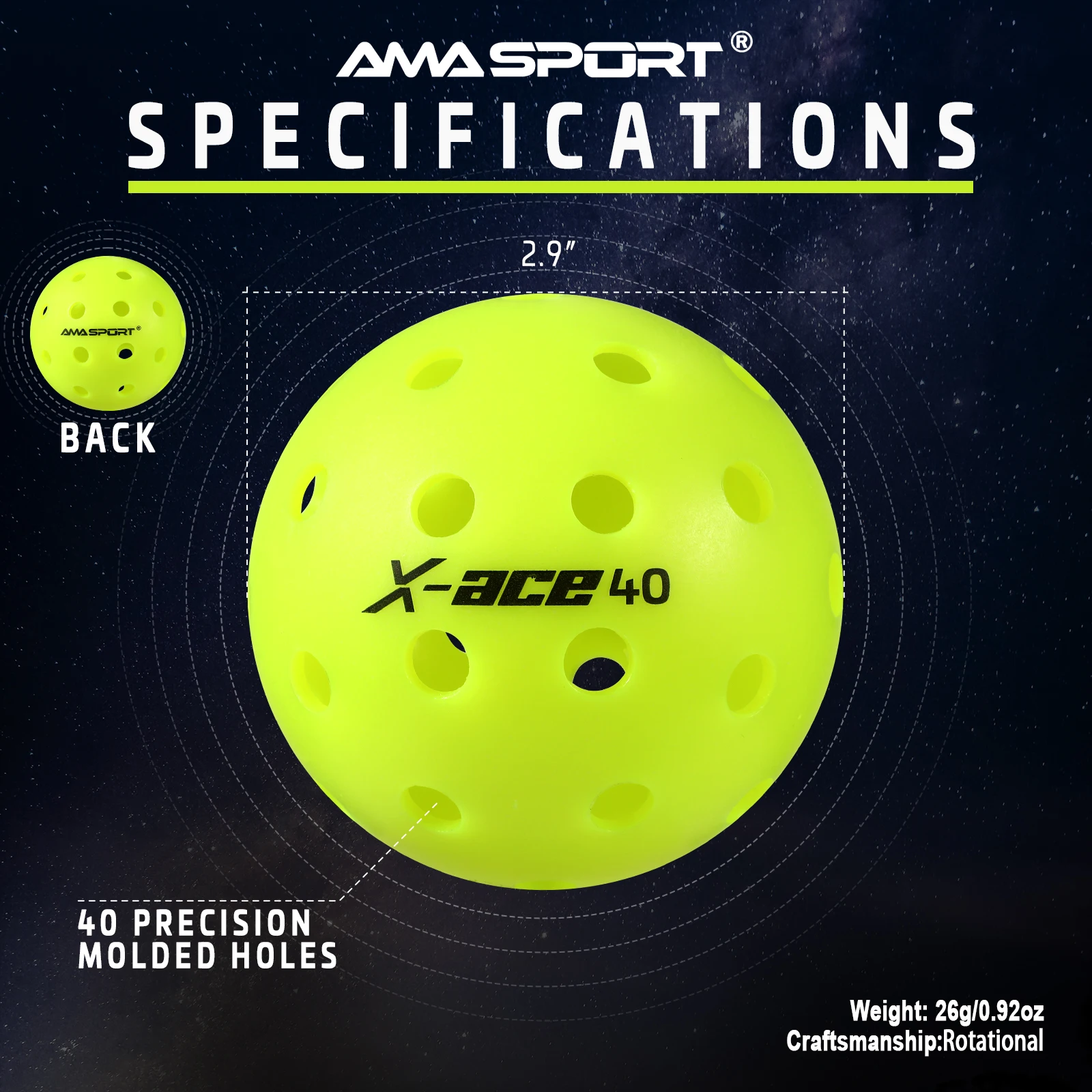 AMA Sport X-ACE Pickleballs 40-otworowe piłki Pickleball Outdoor odporne na pęknięcia jednoczęściowe piłki 100% POP-optyczne żółte