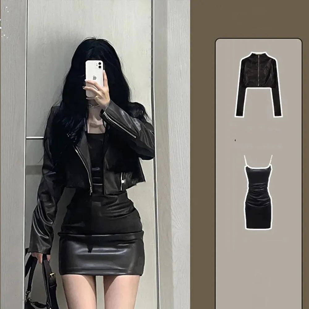 Sexy Hot Girl Outfit Motorcycle Crop Leather Jacket Strap Dress Two Piece Set Women Fashion Temperament Cool Street Autumn Sets