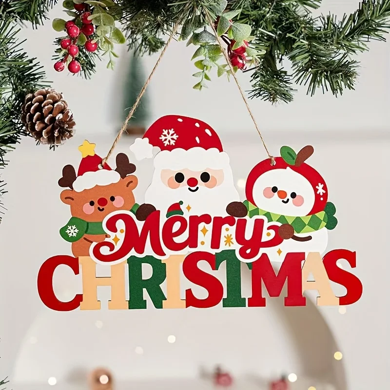 Santa Claus Merry Christmas Sign 2D Wooden Wall Hanging Decor Holiday Color Scheme Reindeer Pattern Indoor Outdoor Christmas