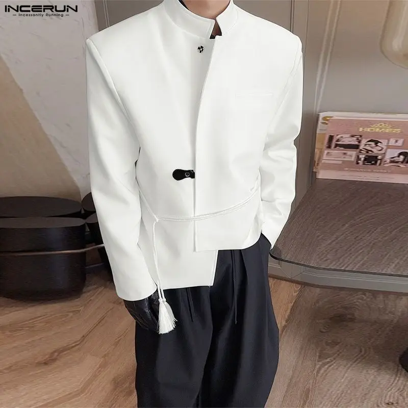 INCERUN Men Blazer Solid Color Stand Collar Long Sleeve One Button Male Suit Streetwear Fashion Casual Irregular Blazer Coats