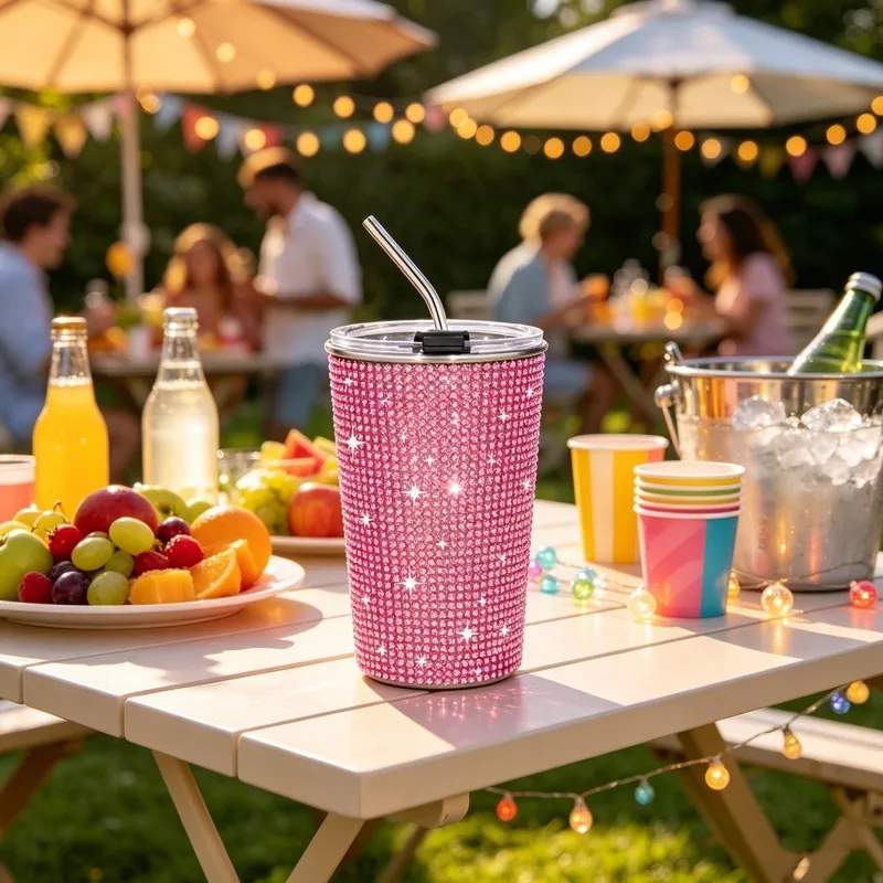 Pink Bling Rhinestone Insulated Tumbler with Lid Straw, Sparkly Diamond Stainless Steel Glitter Water Cup for Women Party Gift