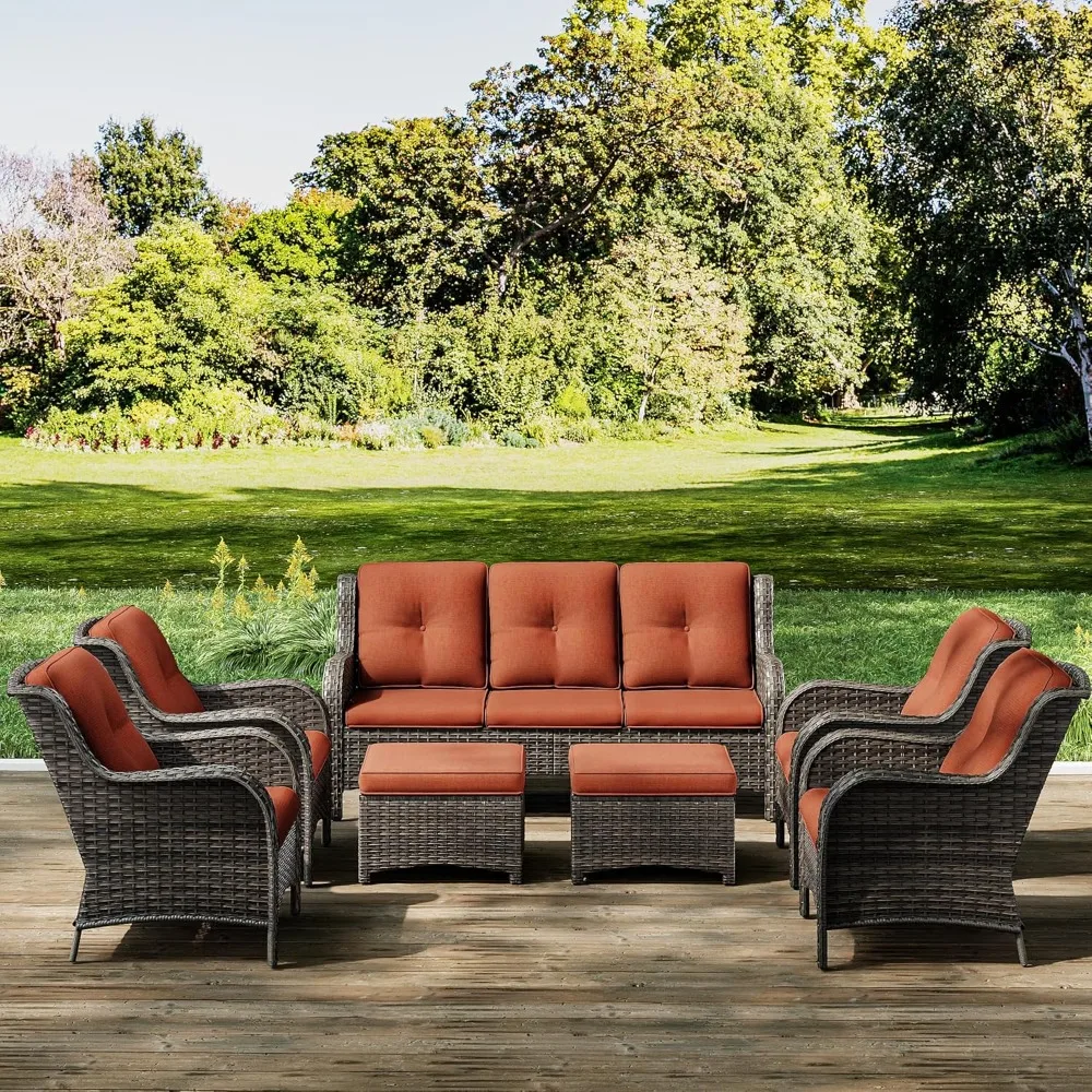 

Wicker Patio Furniture Sets 7 Piece Set with One 3-Seat Sofa, Four Armchairs, Two Ottomans, Wicker Outdoor Conversation Set