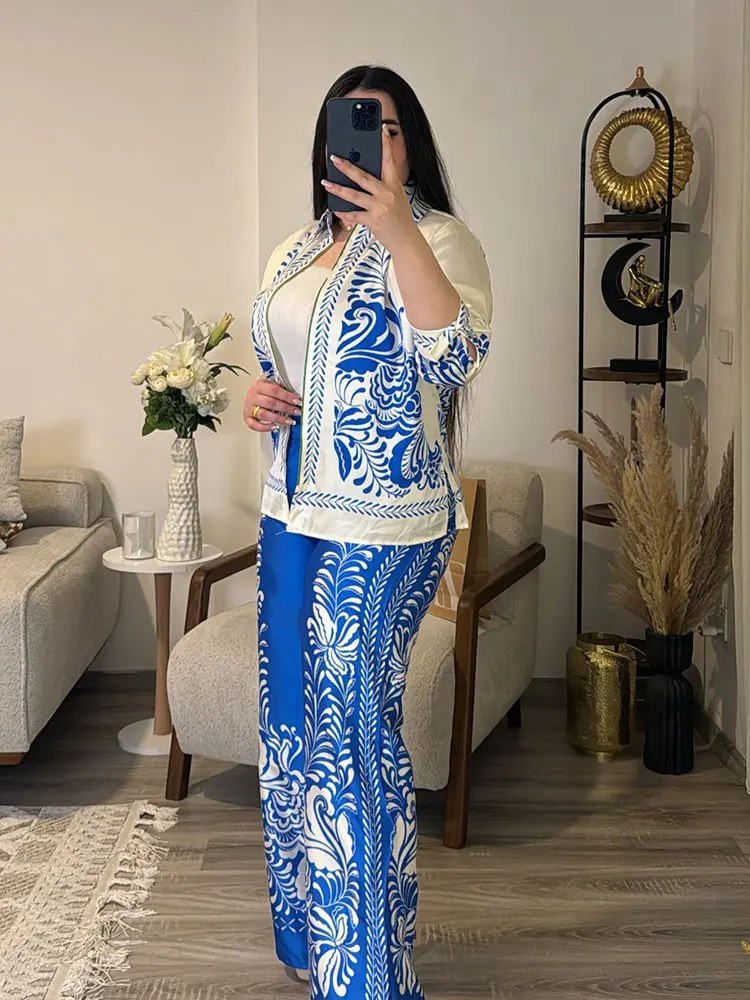 2024 Women Trouser Suits Chic Floral Print Lapel Long Sleeves Shirt Top + Vintage Loose Woman Straight Wide Leg Long Pant