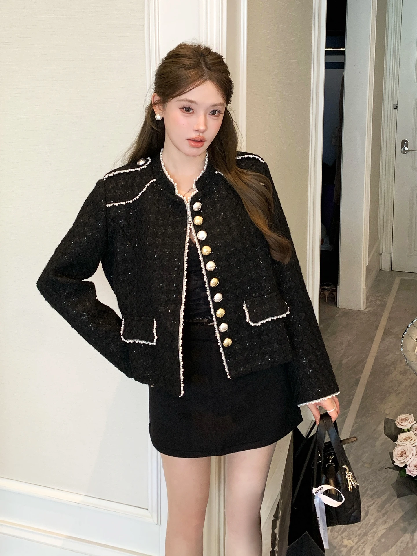 

Design Sensation Woolen ort Jaet with Sequins Cotton Filling Stand Collar Cardigan Thiened High Waist Young Women's Fas...