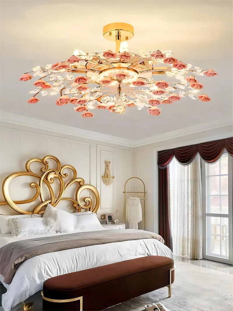 American Luxury Ceramic Flower Crystal Ceiling Light Nordic Postmodern Living Room Dining Room Bedroom LED Ceiling Lamp