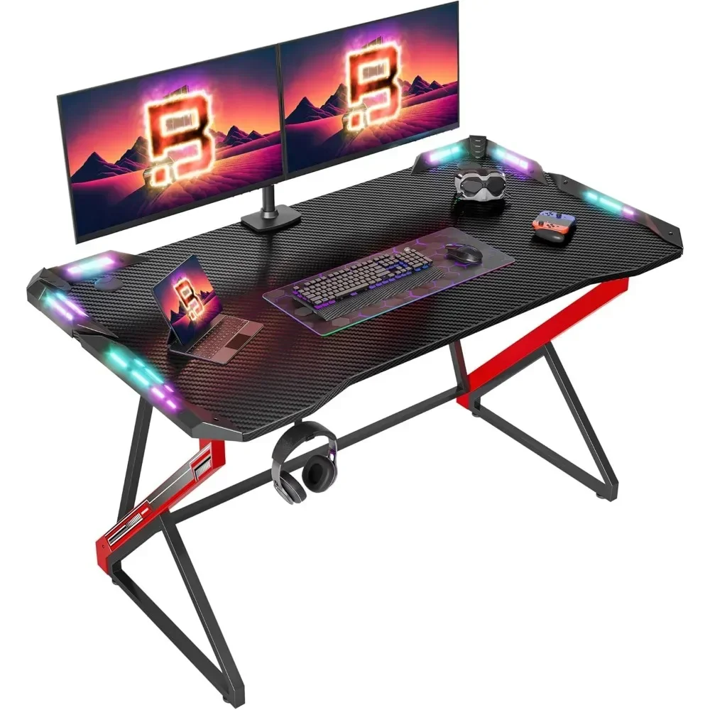 Gaming Desk with LED Lights,40 Inch Computer Desk Z Shaped Gamer Workstation,Gaming Table with Carbon Fiber Surface, PC Gamer