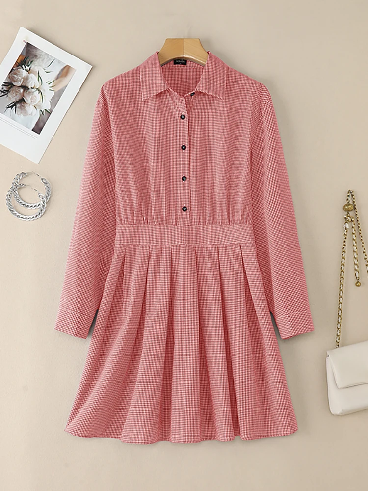 VONDA nueva moda vestido camisero a cuadros mujer otoño manga larga plisado Mini vestido veraniego 2025 elegante a cuadros Oficina Vestidos coreanos