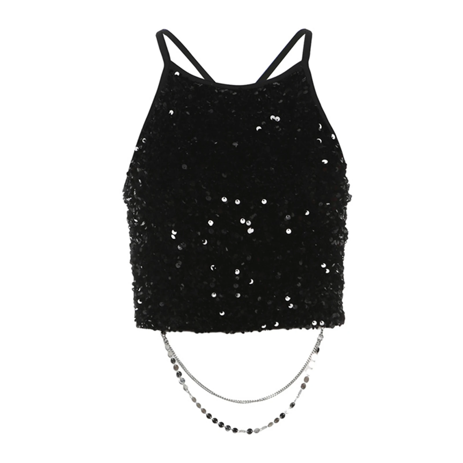 

Glittery Women Sequin Cropped Camisole Club Vest Detachable Chain Decor Open Back Slim Sling Crop Tank Top for Party Dance Raves