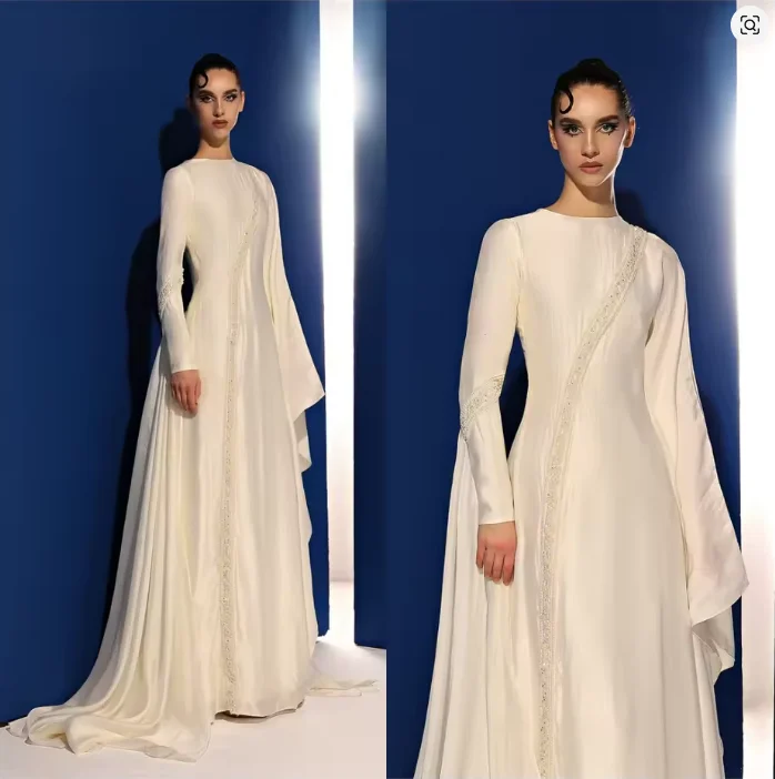 Vestido de noche de gasa blanca, cuello redondo, manga larga, vestidos para ocasiones de graduación a medida, traje de novia exquisito con cuentas personalizado